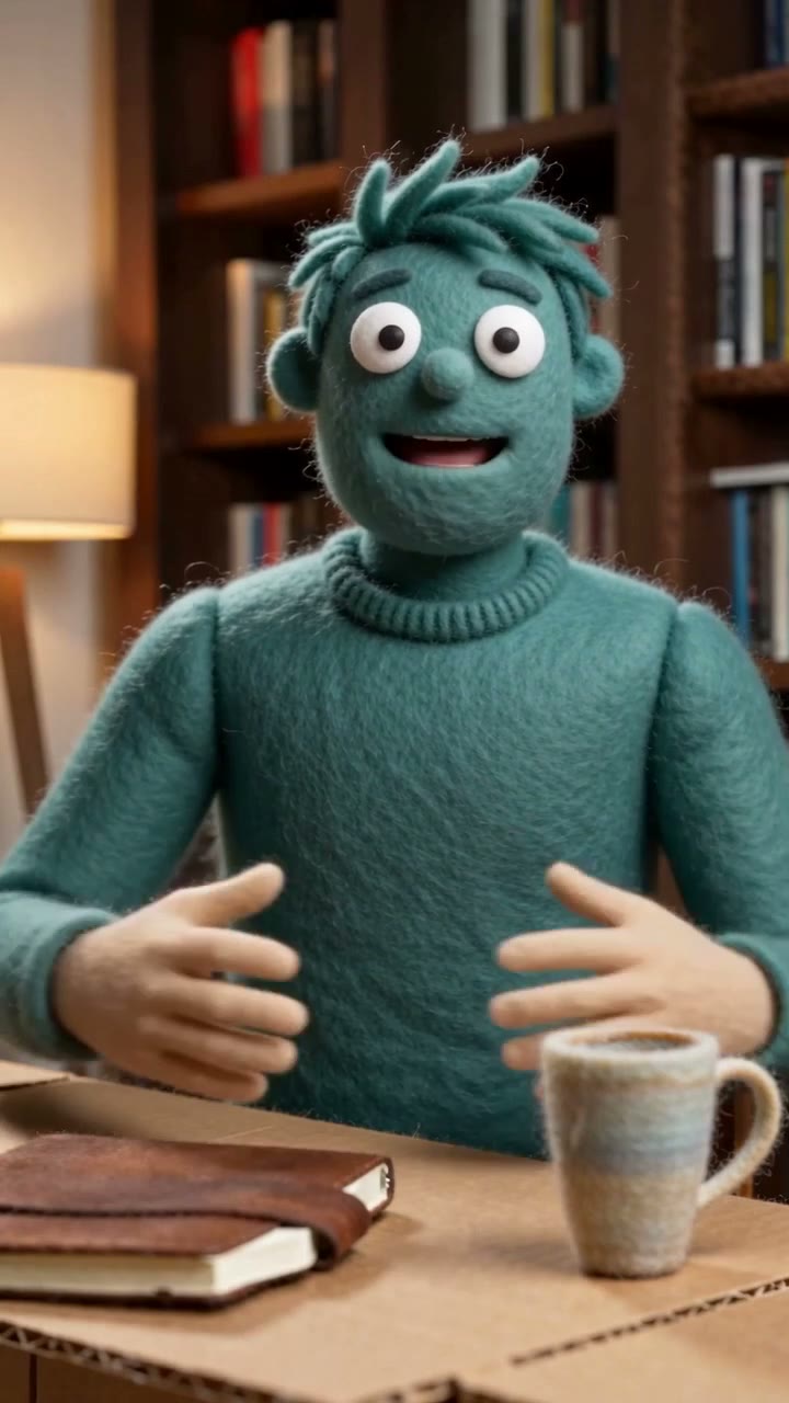 The same performance and study restyled as a teal felt puppet set